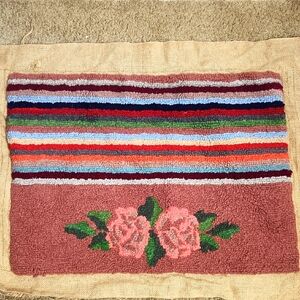 Colorful Striped and Floral Rug Antique Handmade Hooked Rug/pillow